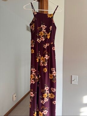 Floral Spaghetti Strap Jumpsuit - Plum with Yellow & Pink Flowers